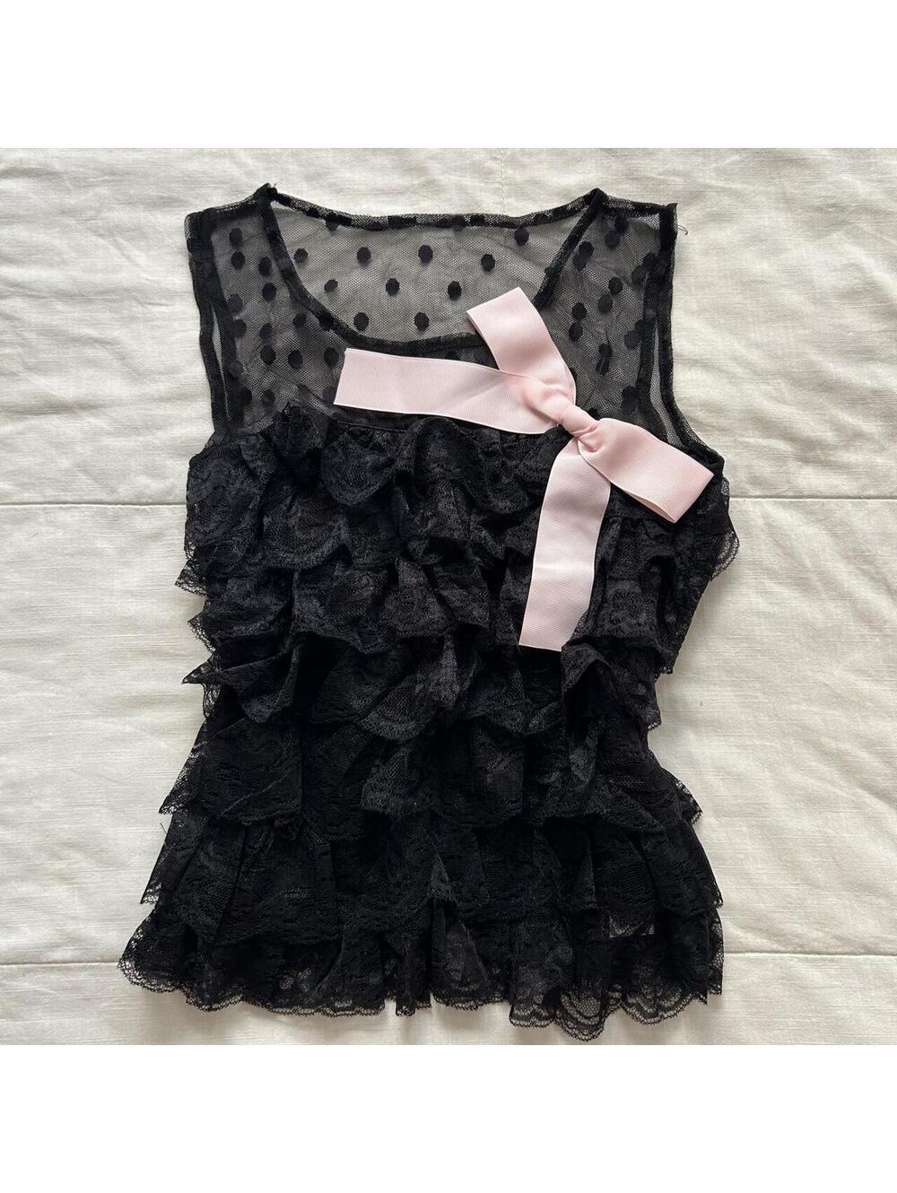 Rose Fan Fan Black Tiered Lace Ruffle Top Pink Bow Sheer Polka Dot NWT